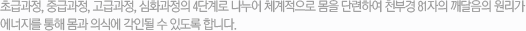 초급과정, 중급과정, 고급과정, 심화과정의 4단계로 나누어 체계적으로 몸을 단련하여 천부경 81자의 깨달음의 원리가 에너지를 통해 몸과 의식에 각인될 수 있도록 합니다.