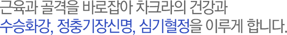 근육과 골격 바로잡아 차크라의 건강과
수승화강, 정충기장신명, 심기혈정을 이루게 합니다.