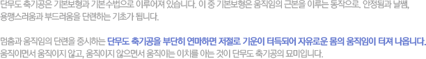 단무도 축기공은 기본 보형과 기본 수볍으로 이루어져 있습니다. 이 중 기본 보형은 움직임의 근본을 이루는 동작으로. 안정됨과 날쌤, 
용맹스러움과 부드러움을 단련하는 기초가 됩니다.멈춤과 움직임의 단련을 중시하는 단무도 축기공을 부단히 연마하면 저절로 기운이 터득되어 자유로운 몸의 움직임이 터져 나옵니다. 
움직이면서 움직이지 않고, 움직이지 않으면서 움직이는 이치를 아는 것이 단무도 축기공의 묘미입니다.


